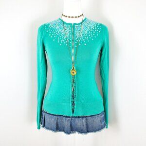 VTG 00s Y2K Gap Teal Blue Knit Sequin Beaded Long Sleeve Hook Eye Cardigan Sz XS